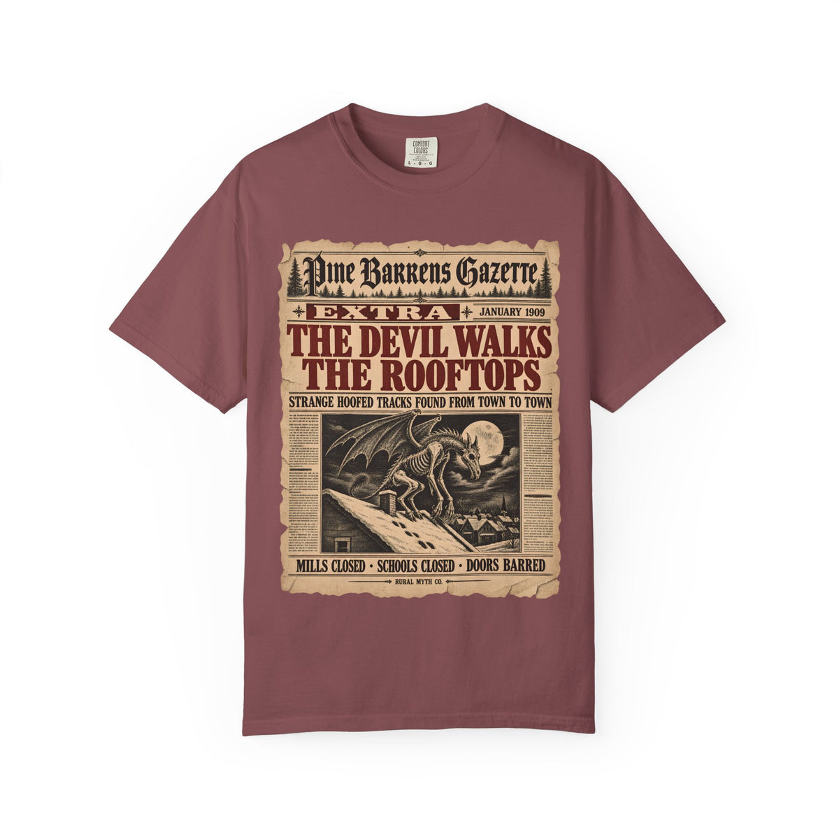 Jersey Devil Gazette Extra T-Shirt in Brick, front view