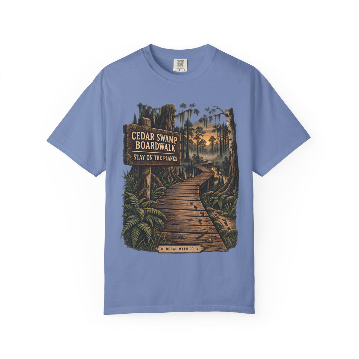 Boardwalk Closes at Dusk T-Shirt in Washed Denim, front view