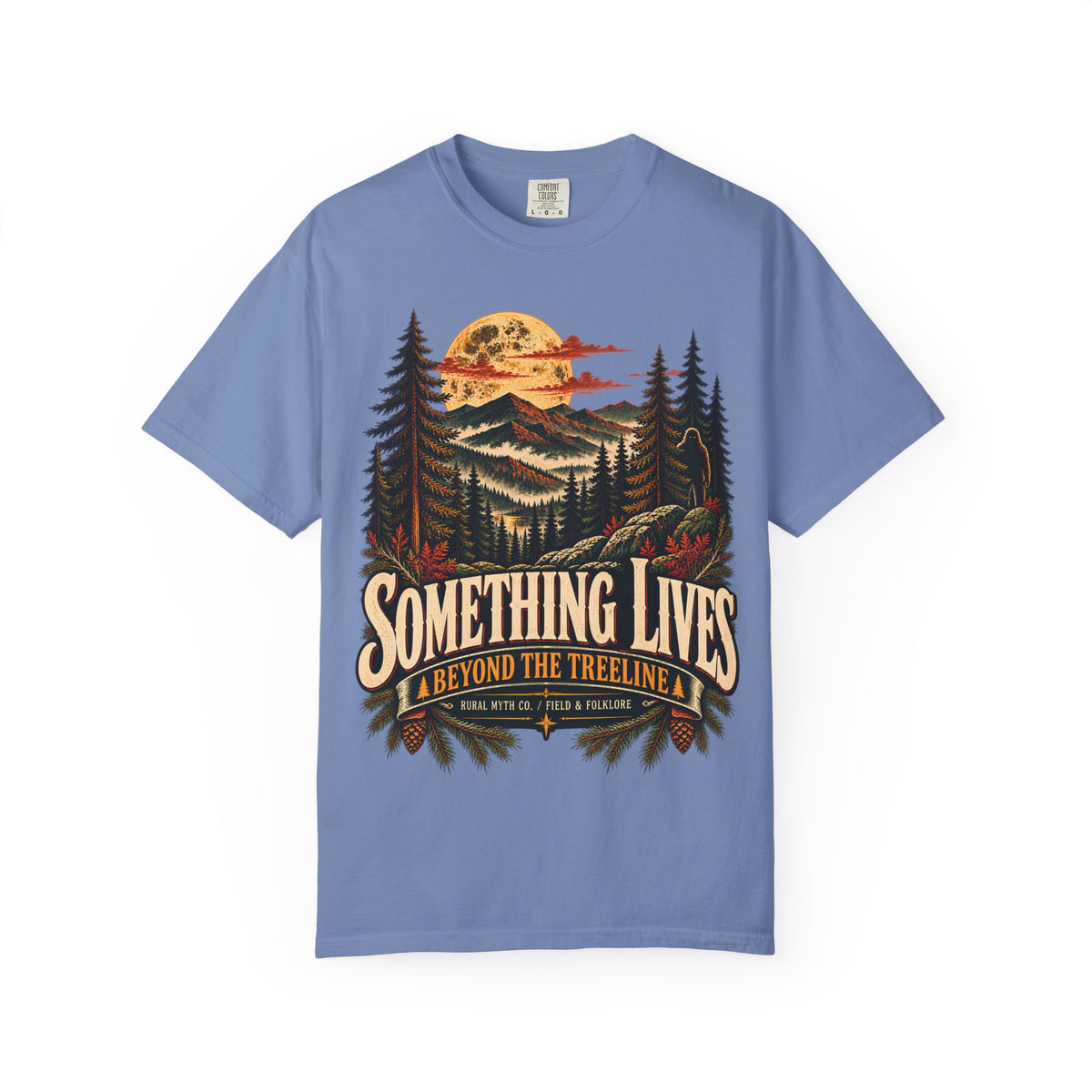 Beyond the Treeline Bigfoot T-Shirt in Washed Denim, front view