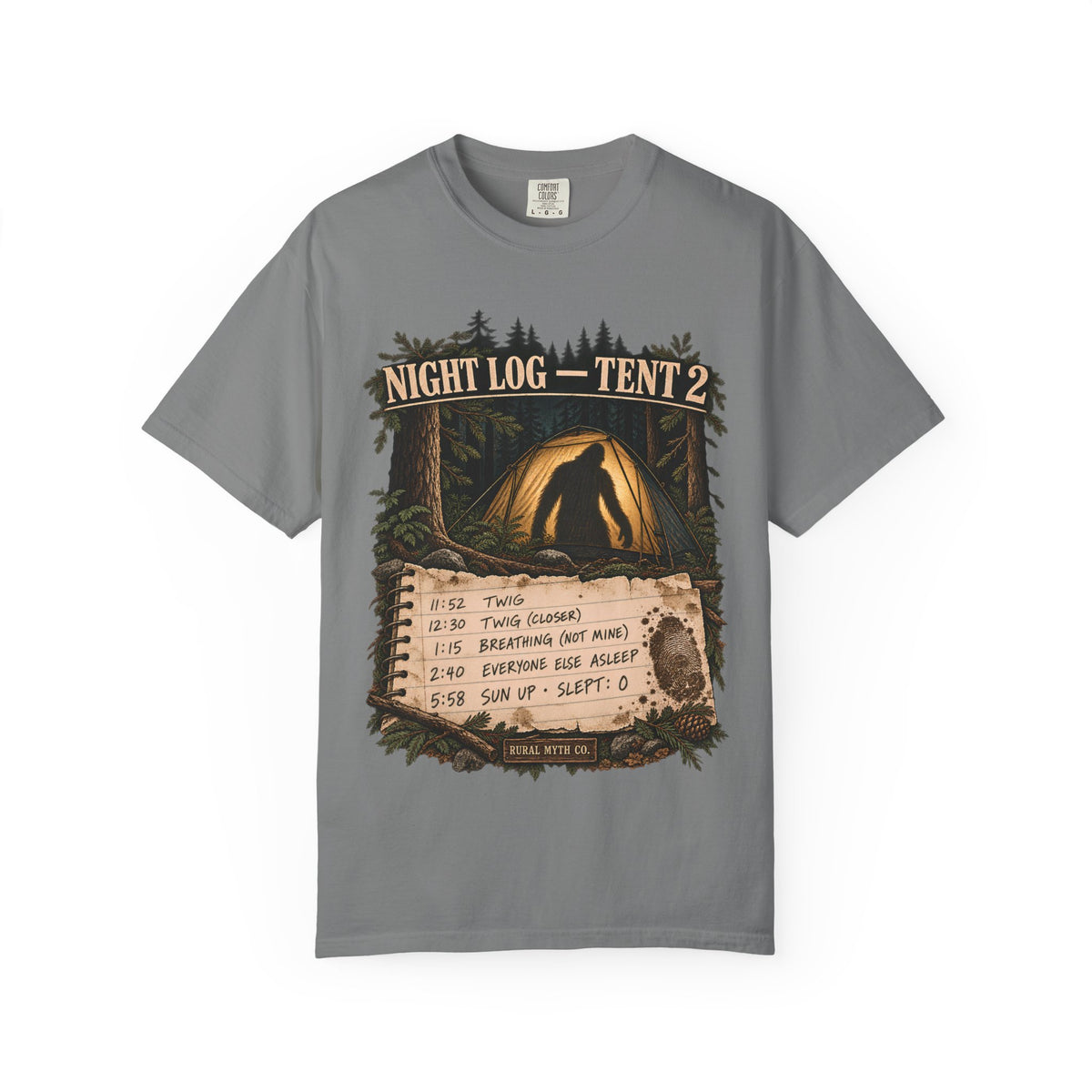 Bigfoot Camping Night Log T-Shirt in Grey, front view