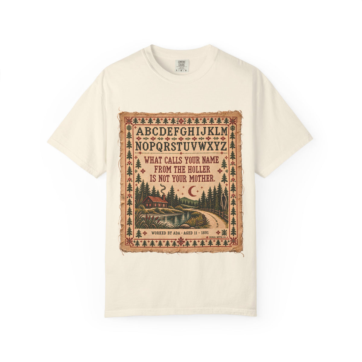 Ada's Cross-Stitch Sampler T-Shirt in Ivory, front view