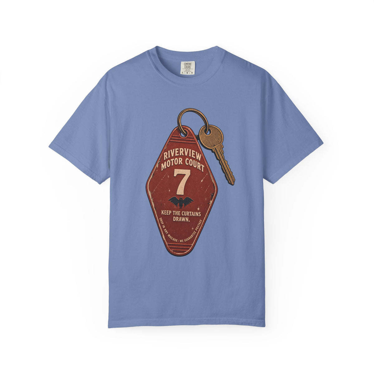 Mothman Motel Key Fob T-Shirt in Washed Denim, front view