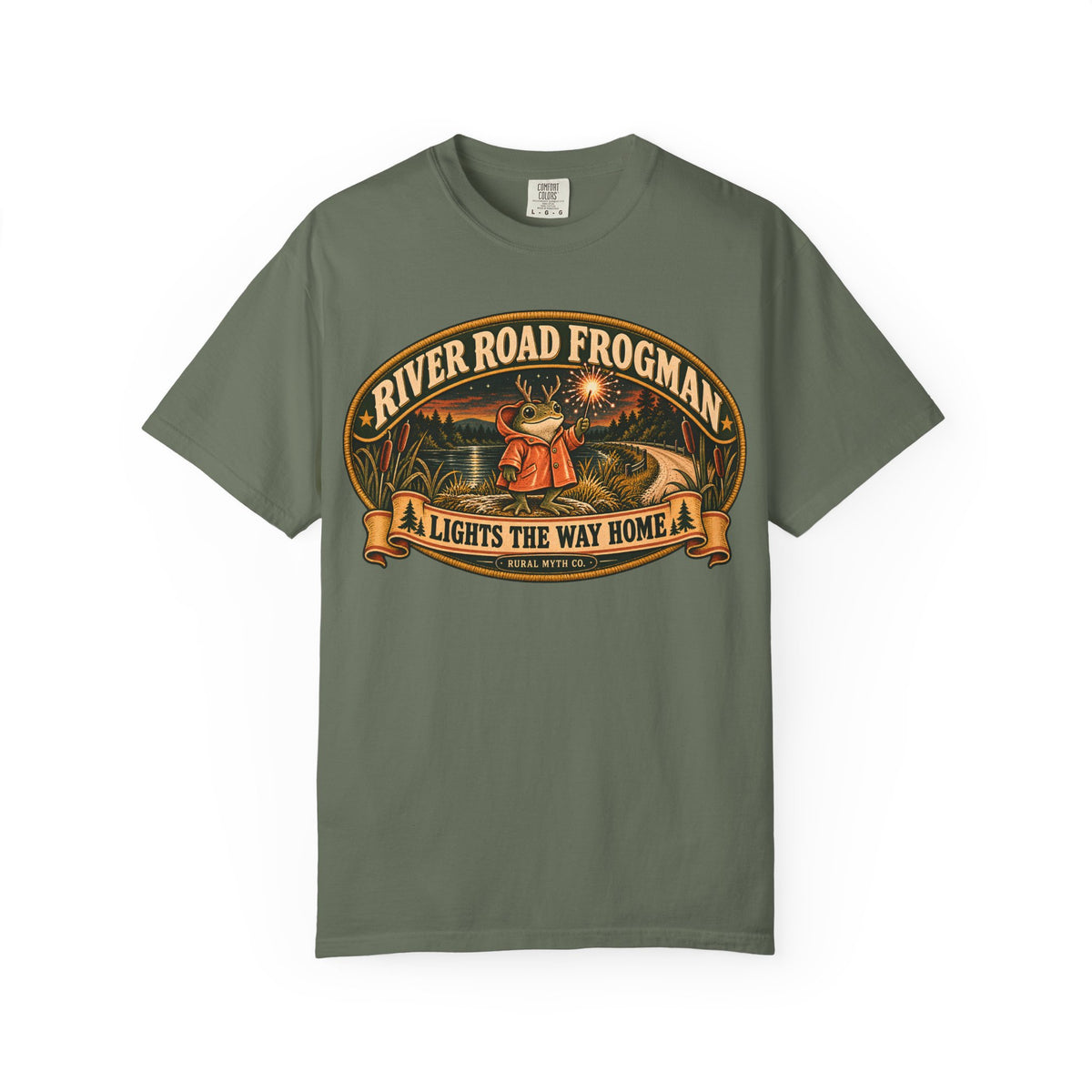 Frogman Lights the Way T-Shirt in Moss, front view