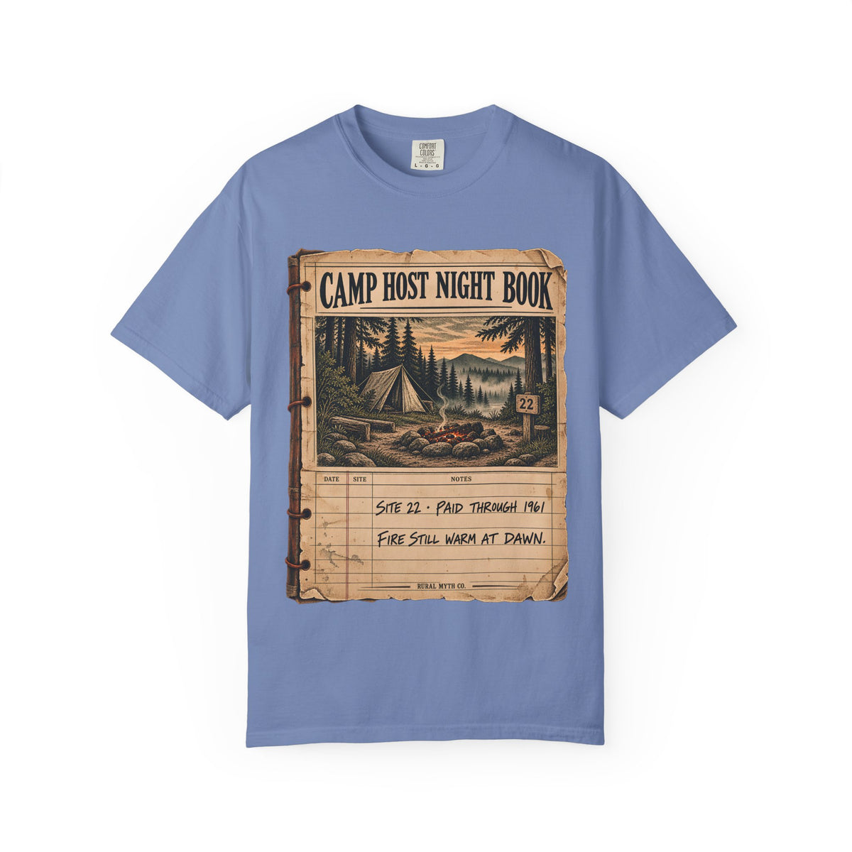 Haunted Campground Night Book T-Shirt in Washed Denim, front view