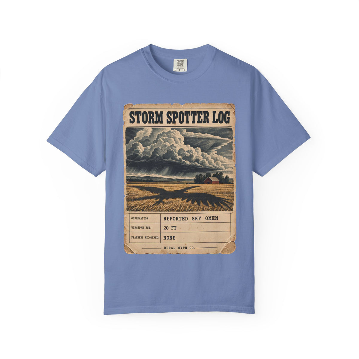 Storm Spotter Sky Omen T-Shirt in Washed Denim, front view