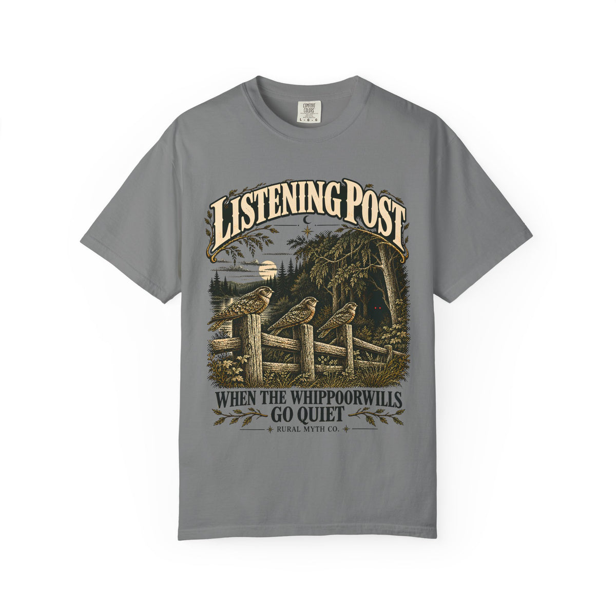 Whippoorwill Listening Post T-Shirt in Grey, front view
