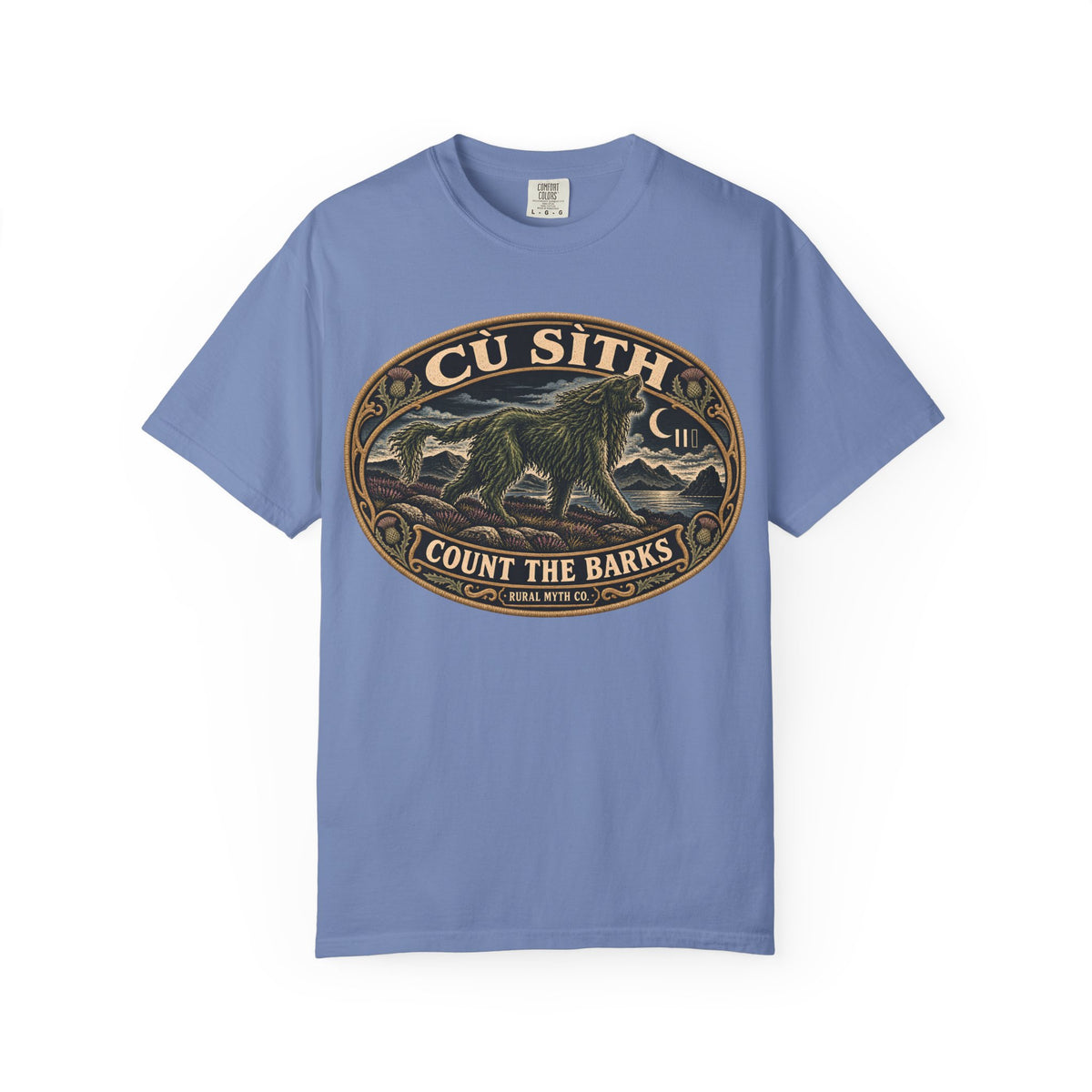 Cu Sith Fairy Hound T-Shirt in Washed Denim, front view