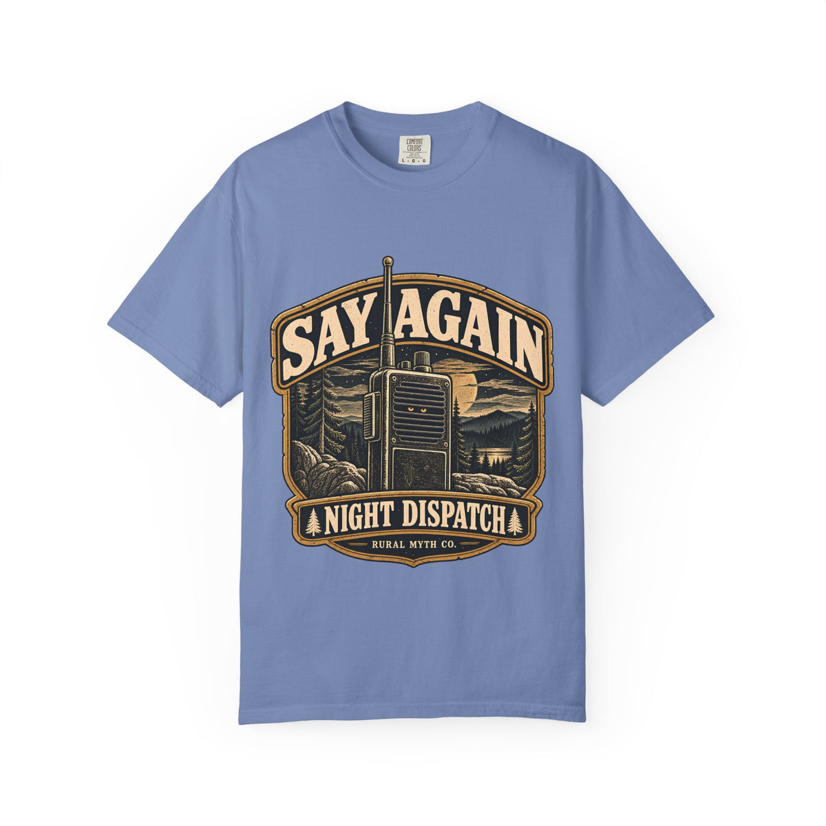 Say Again Night Dispatch T-Shirt in Washed Denim, front view
