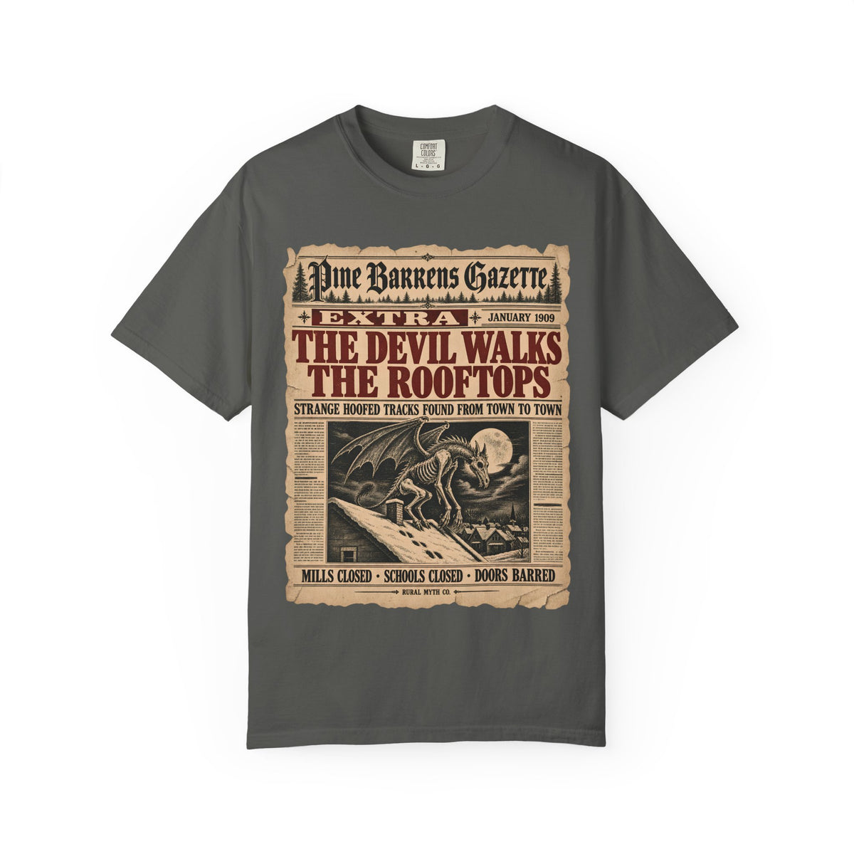 Jersey Devil Gazette Extra T-Shirt in Pepper, front view