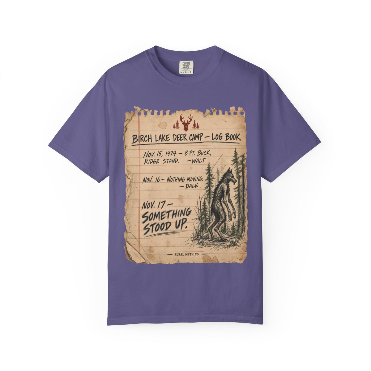 Dogman Deer Camp Log T-Shirt in Grape, front view
