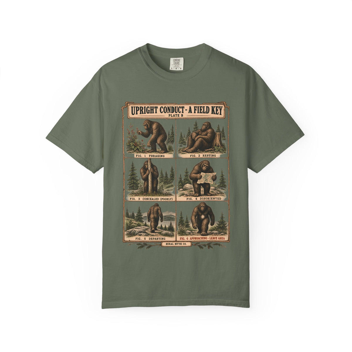 Bigfoot Behavior Field Key T-Shirt in Moss, front view