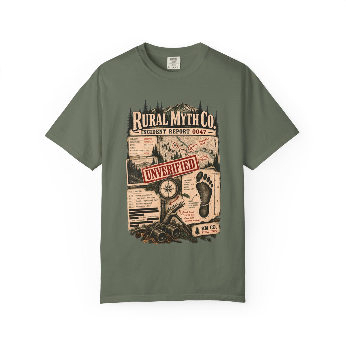 Cryptid Incident Report T-Shirt in Moss, front view