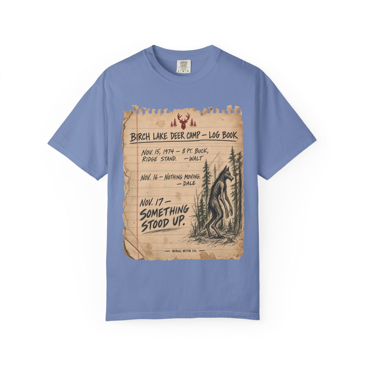 Dogman Deer Camp Log T-Shirt in Washed Denim, front view