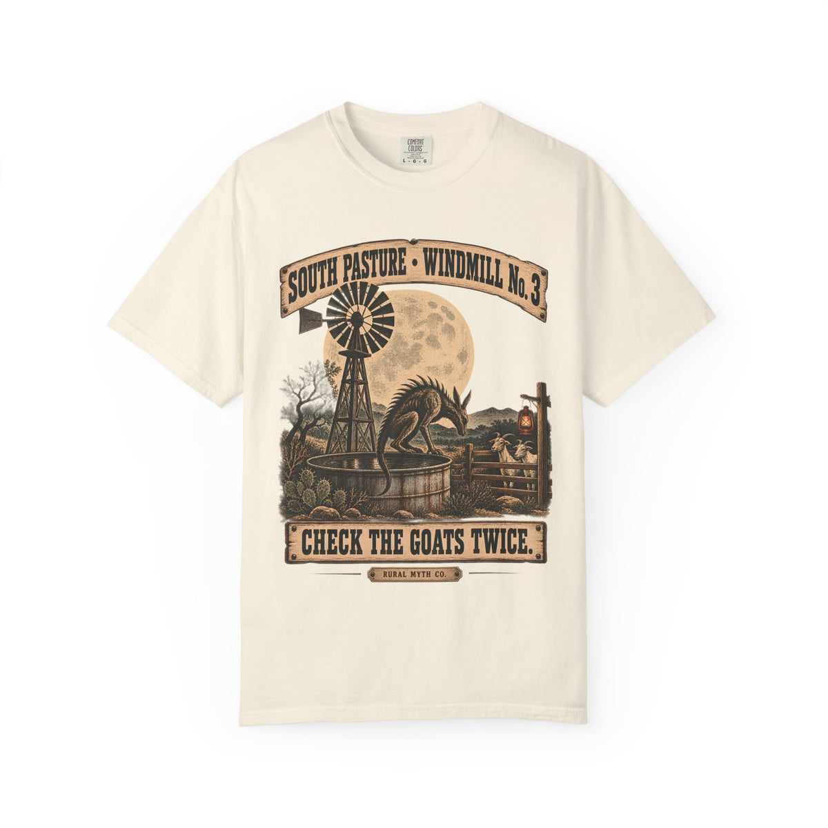 Chupacabra Ranch Windmill T-Shirt in Ivory, front view