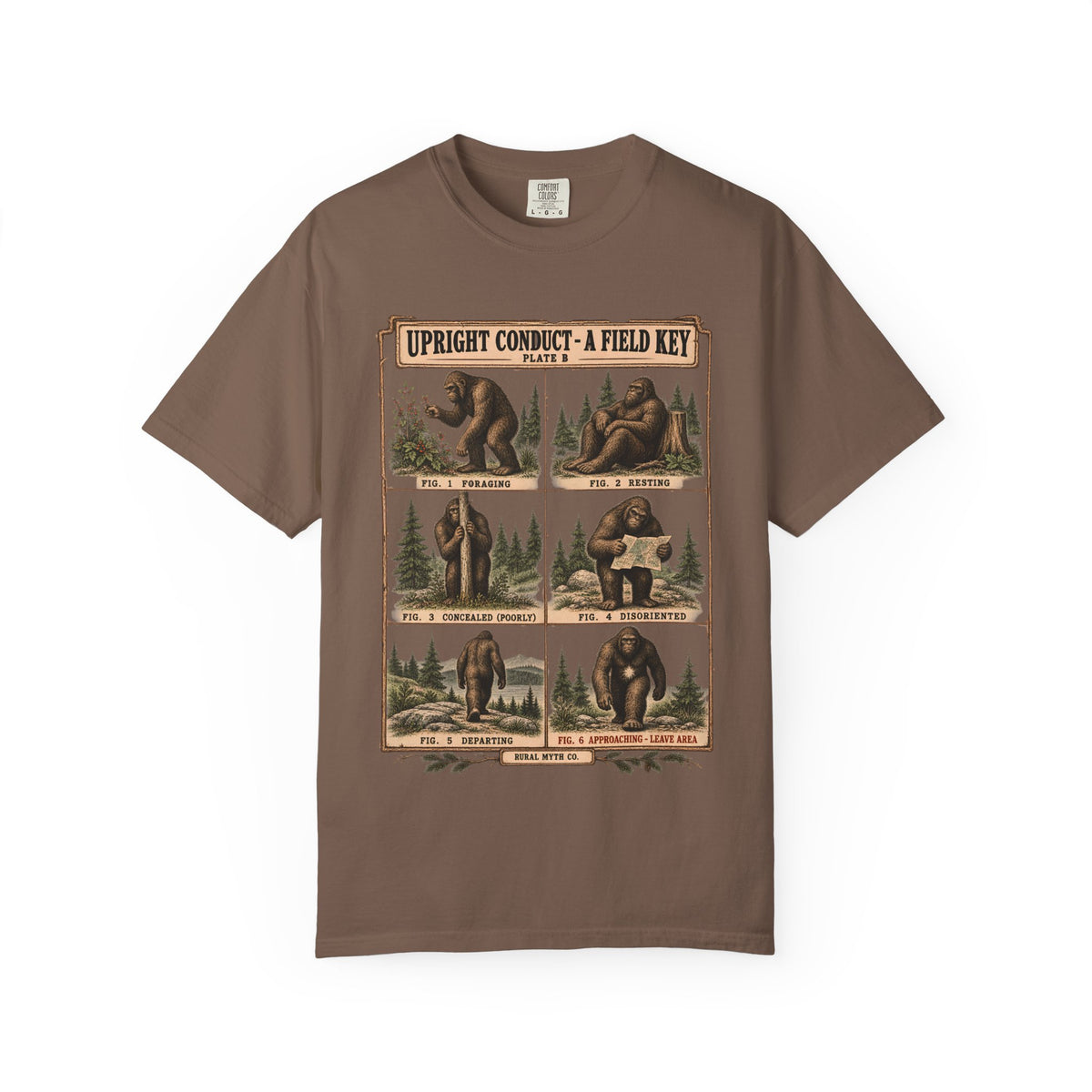 Bigfoot Behavior Field Key T-Shirt in Espresso, front view