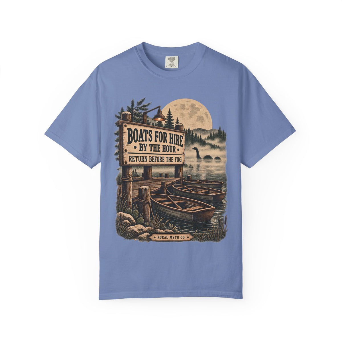Lake Monster Boat Dock T-Shirt in Washed Denim, front view