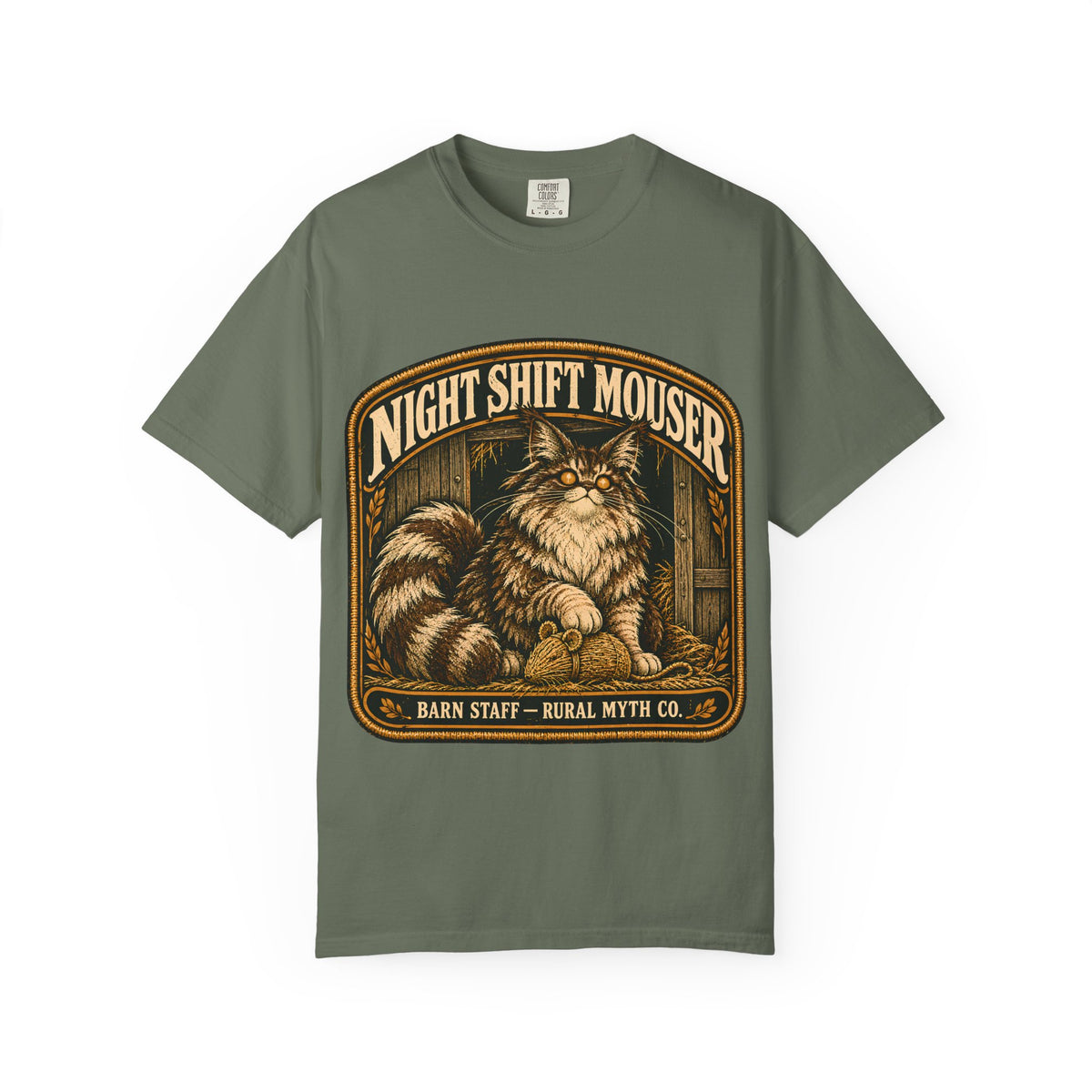 Night Shift Barn Cat T-Shirt in Moss, front view