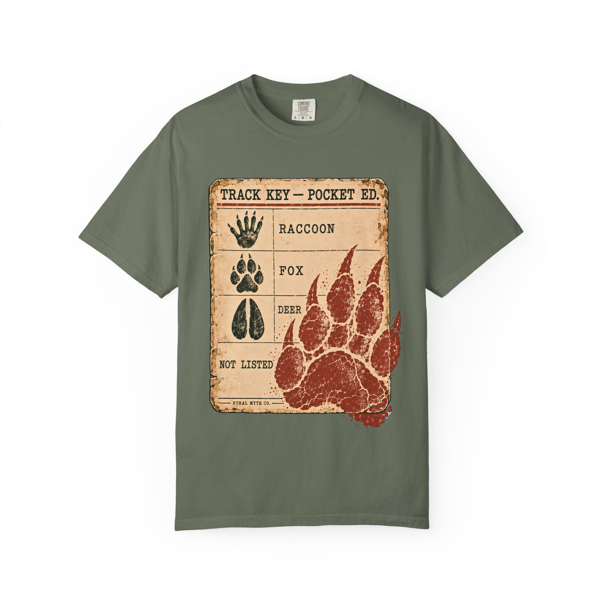 Cryptid Track Key T-Shirt in Moss, front view