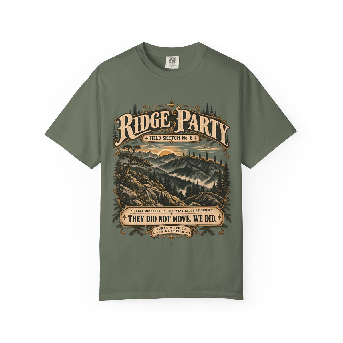 Ridge Party Shadow Figures T-Shirt in Moss, front view