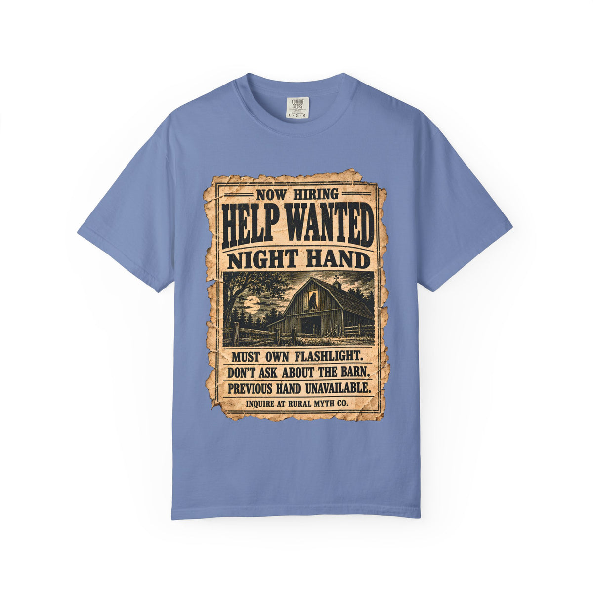 Help Wanted Night Hand T-Shirt in Washed Denim, front view