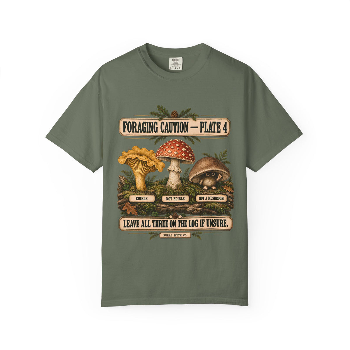 Mushroom Foraging Caution T-Shirt in Moss, front view