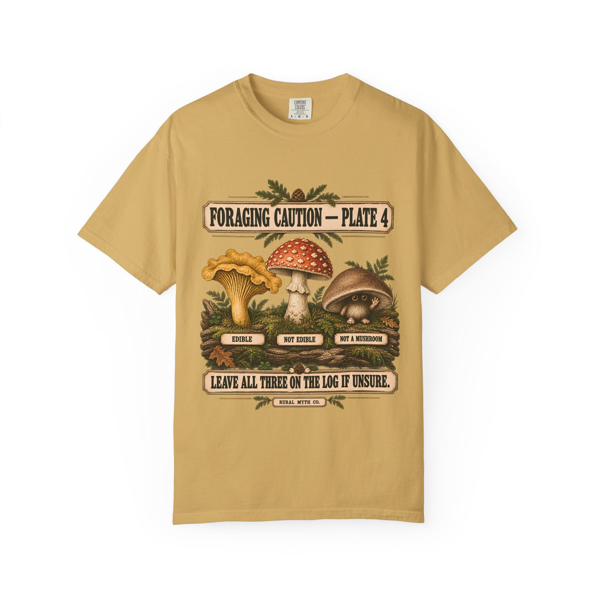 Mushroom Foraging Caution T-Shirt in Mustard, front view