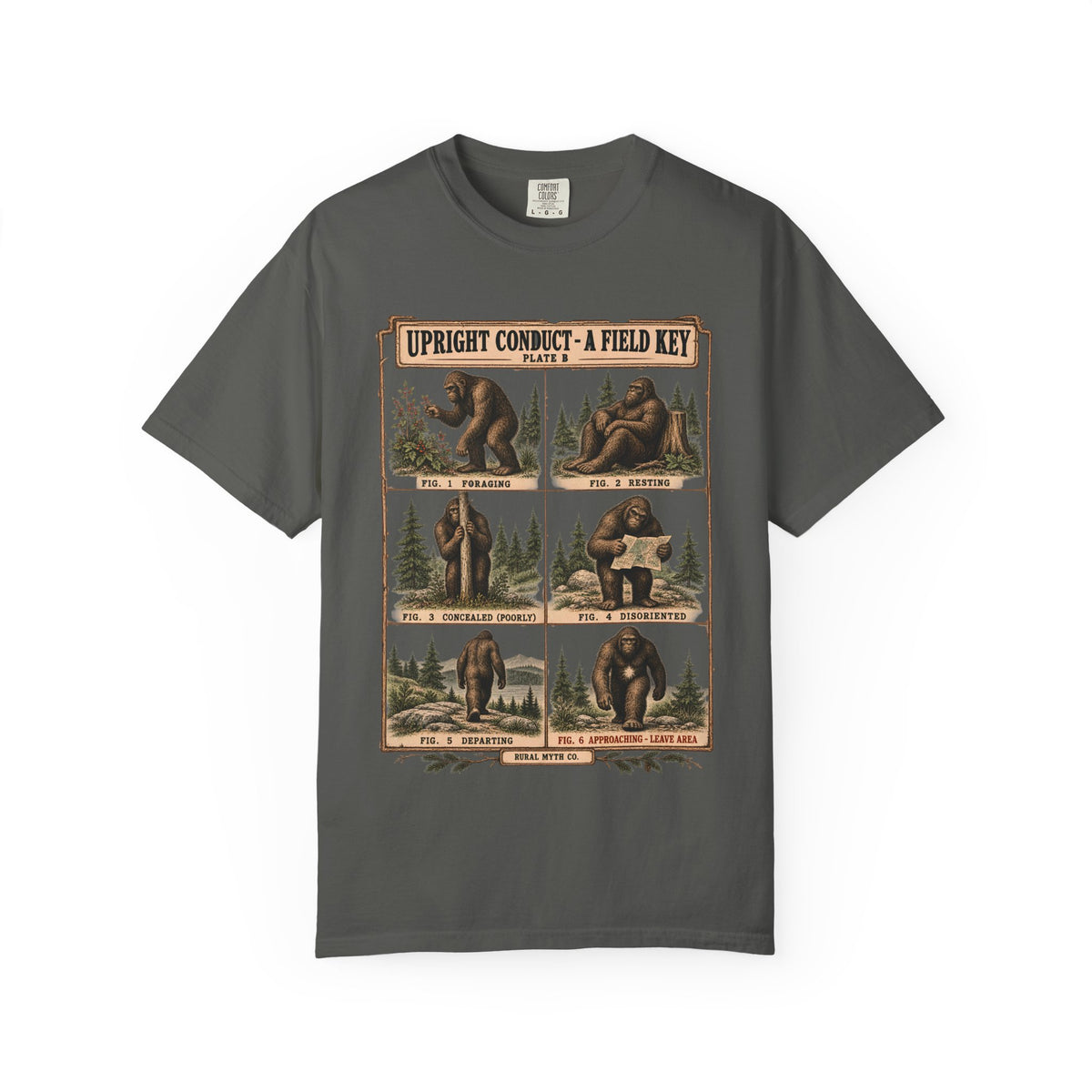 Bigfoot Behavior Field Key T-Shirt in Pepper, front view