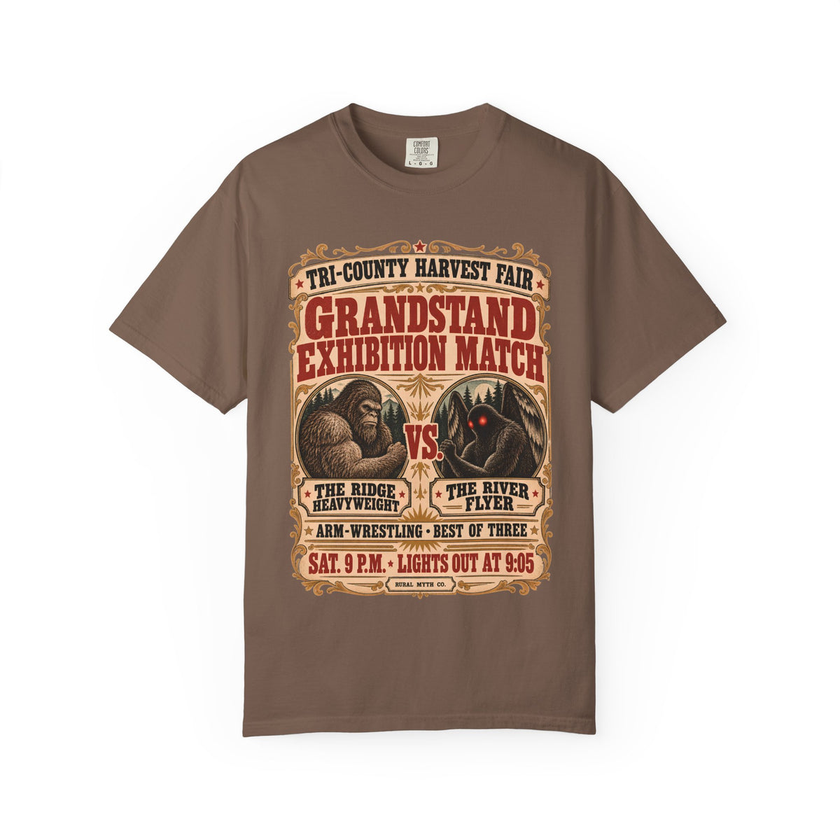 Bigfoot vs Mothman T-Shirt in Espresso, front view