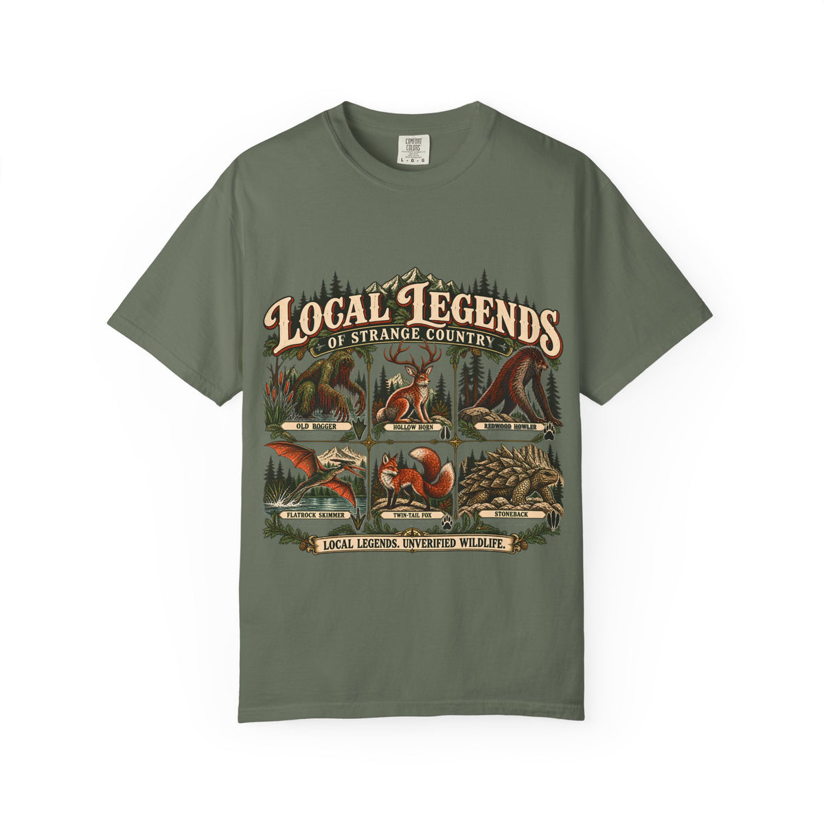 Local Legends Wildlife Chart T-Shirt in Moss, front view