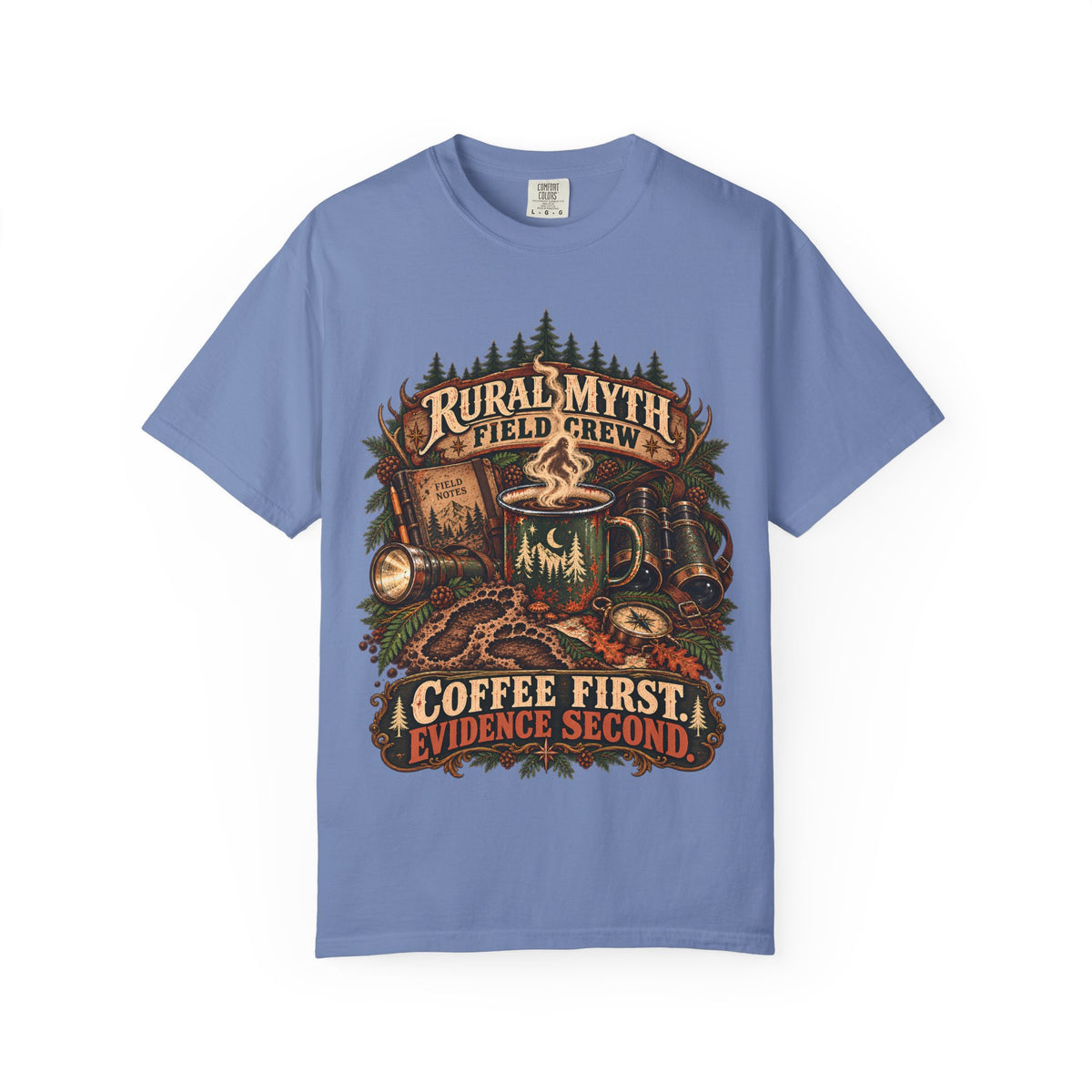 Coffee Before Cryptids T-Shirt in Washed Denim, front view