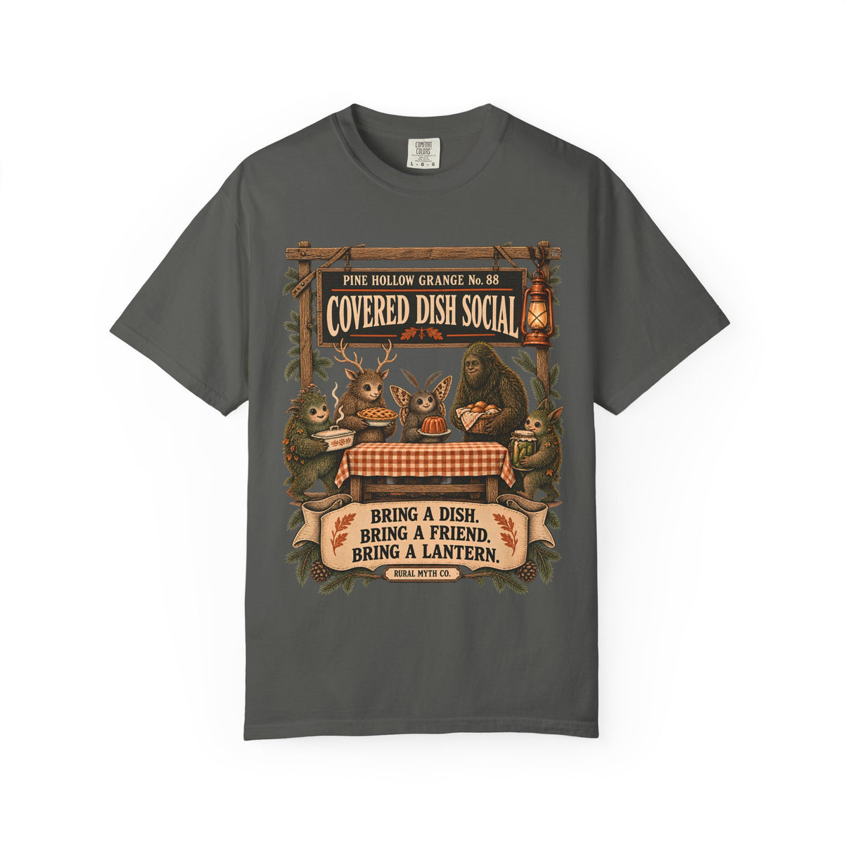 Cryptid Potluck Social T-Shirt in Pepper, front view