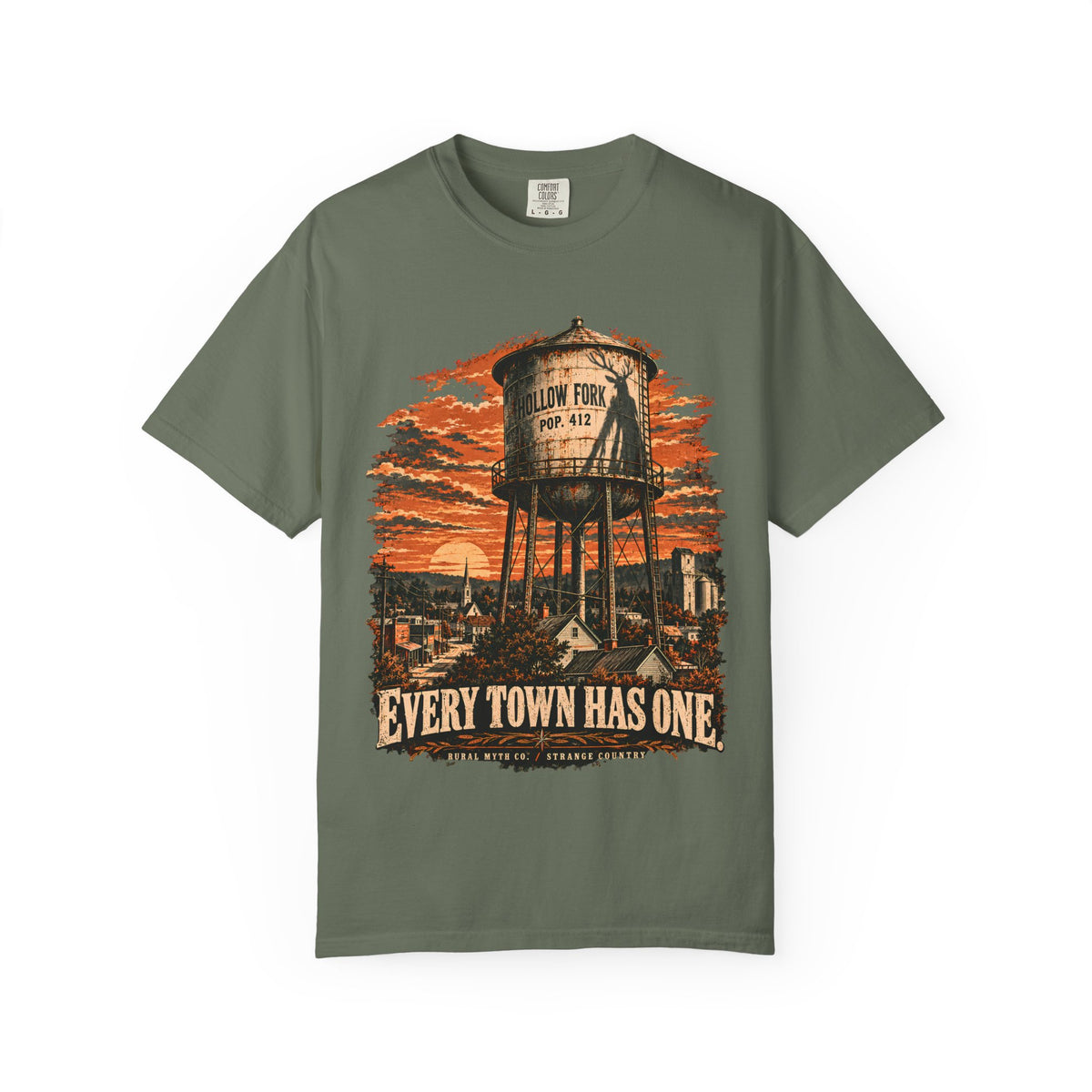 Every Town Has One T-Shirt in Moss, front view
