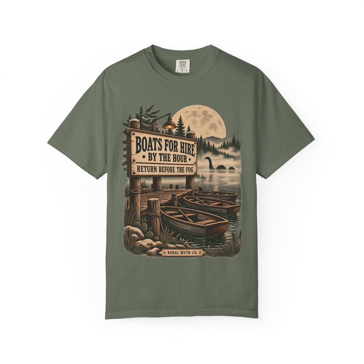 Lake Monster Boat Dock T-Shirt in Moss, front view