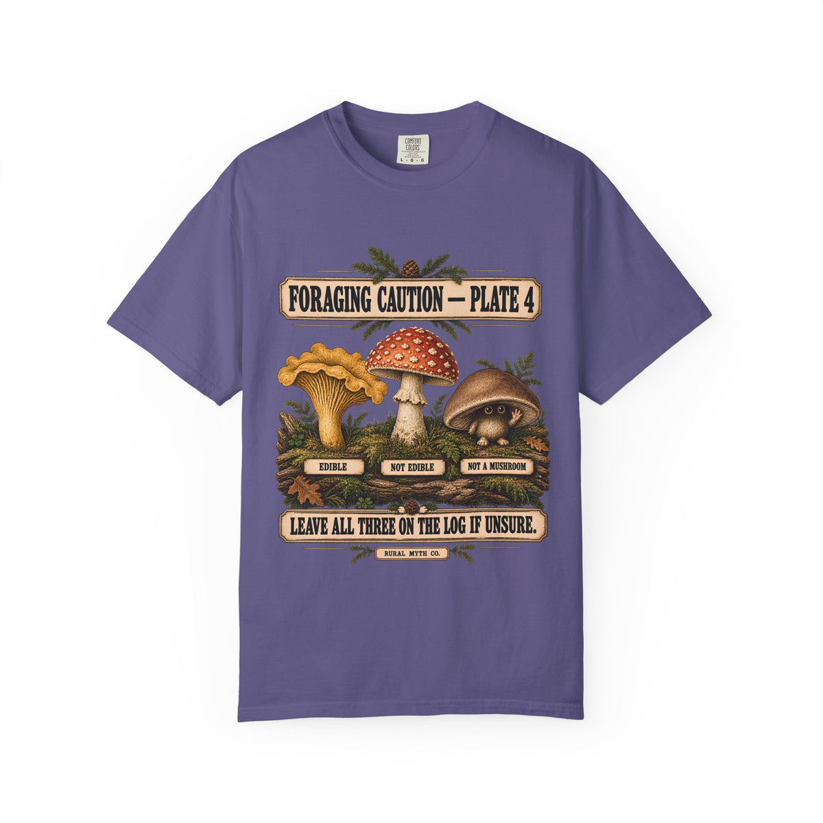 Mushroom Foraging Caution T-Shirt in Grape, front view