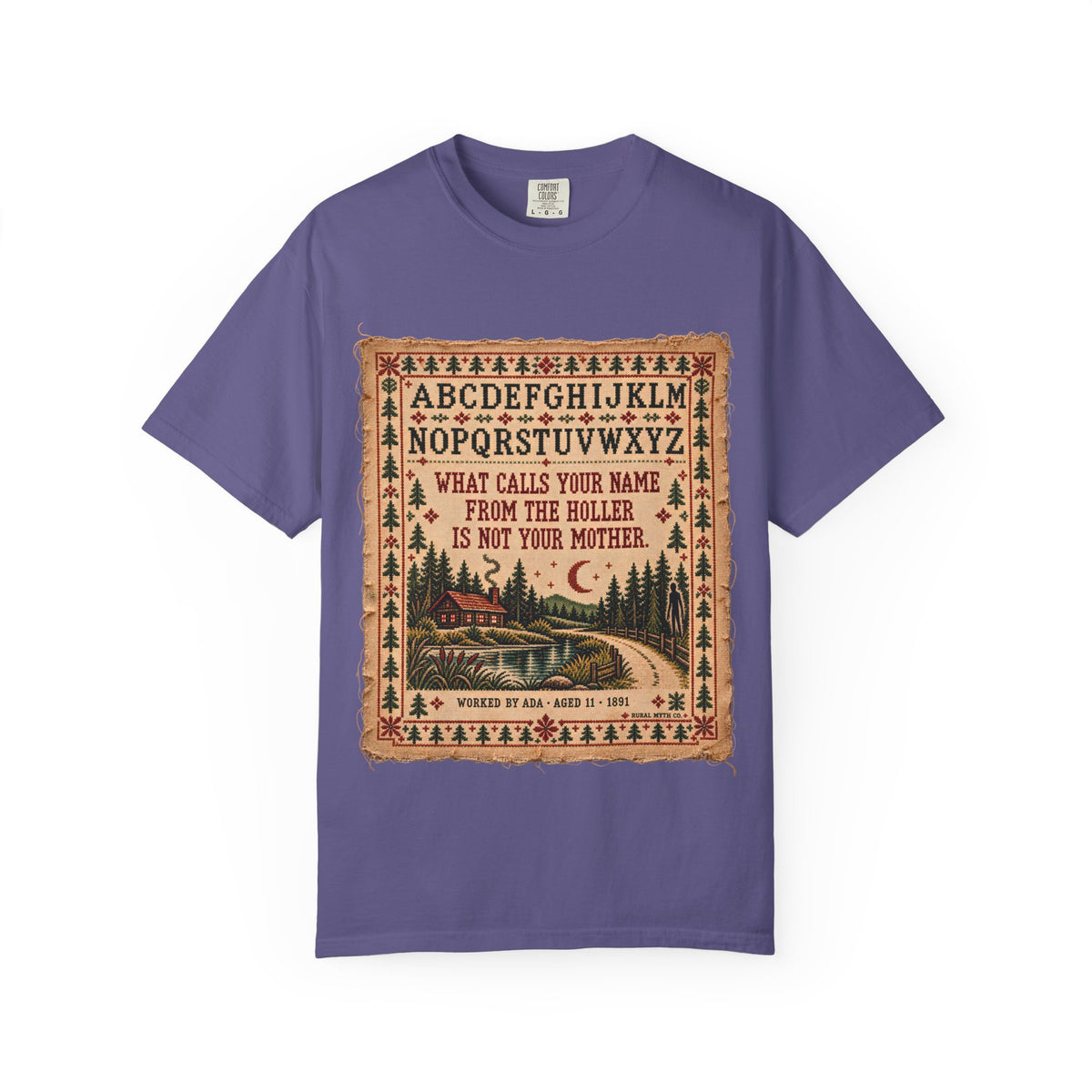 Ada's Cross-Stitch Sampler T-Shirt in Grape, front view