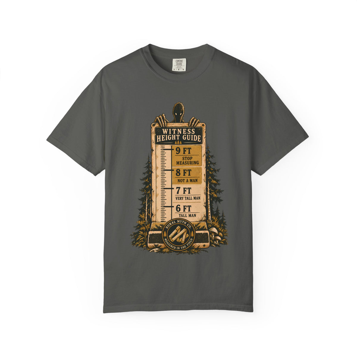 Bigfoot Witness Height Guide T-Shirt in Pepper, front view