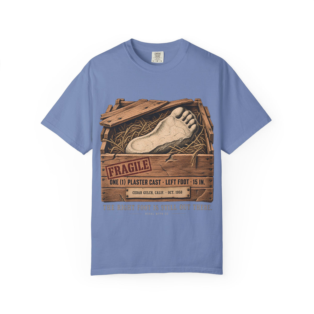 Bigfoot Plaster Cast Crate T-Shirt in Washed Denim, front view