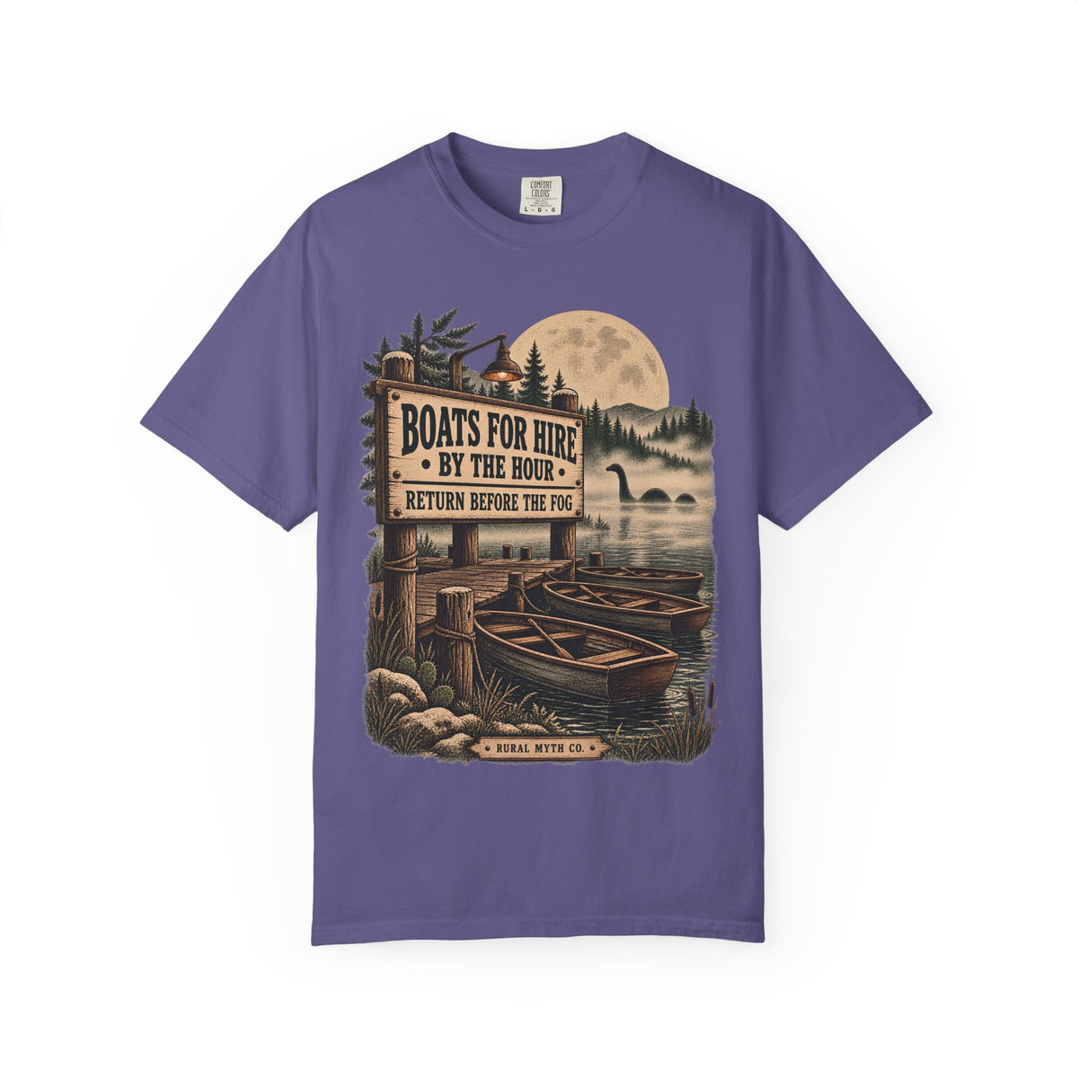 Lake Monster Boat Dock T-Shirt in Grape, front view