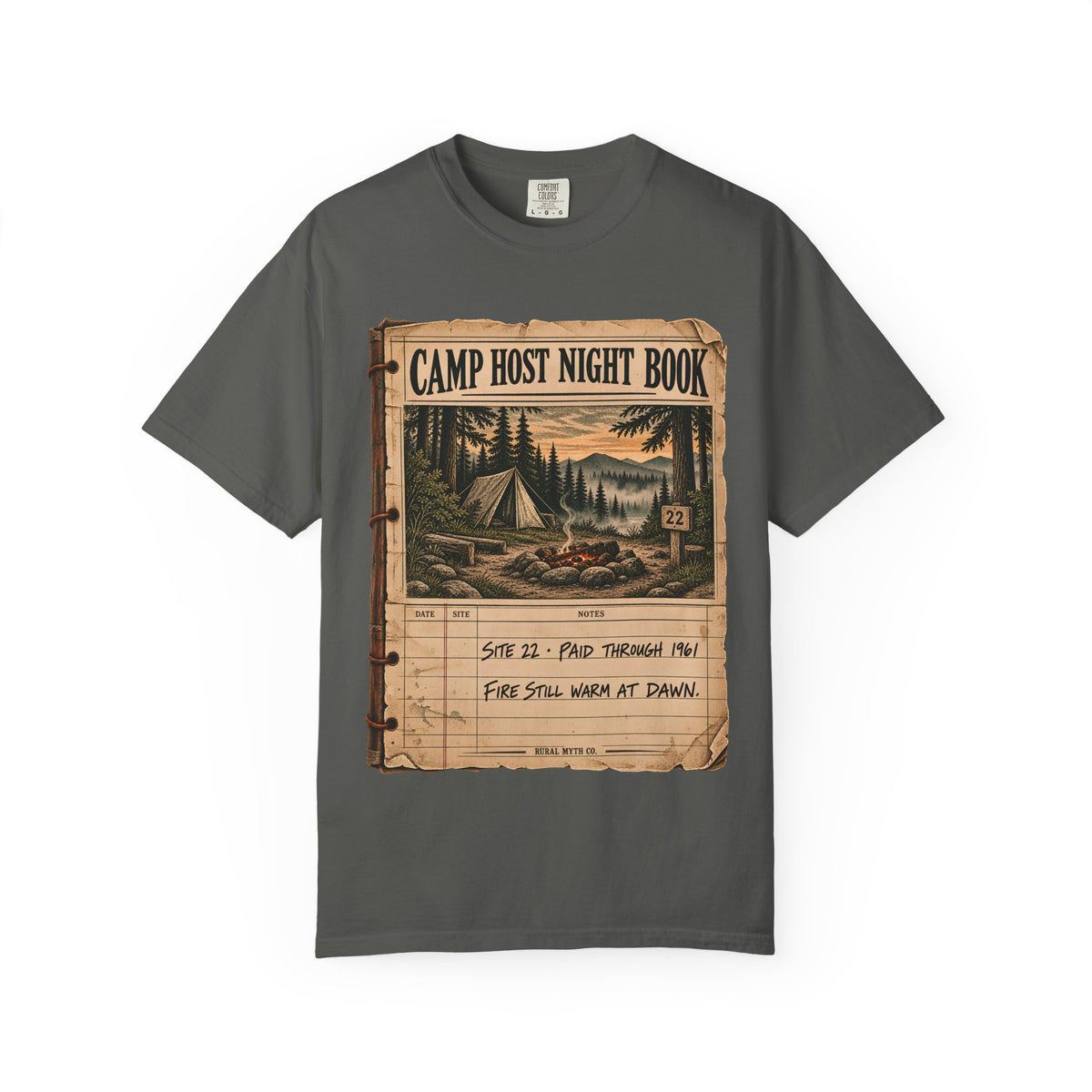 Haunted Campground Night Book T-Shirt in Pepper, front view