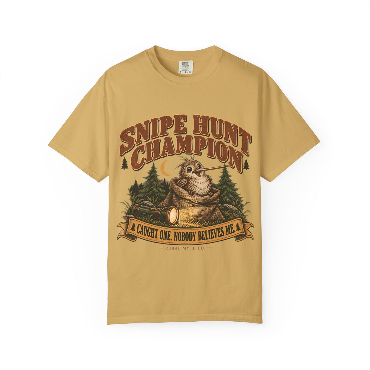 Snipe Hunt Champion T-Shirt in Mustard, front view
