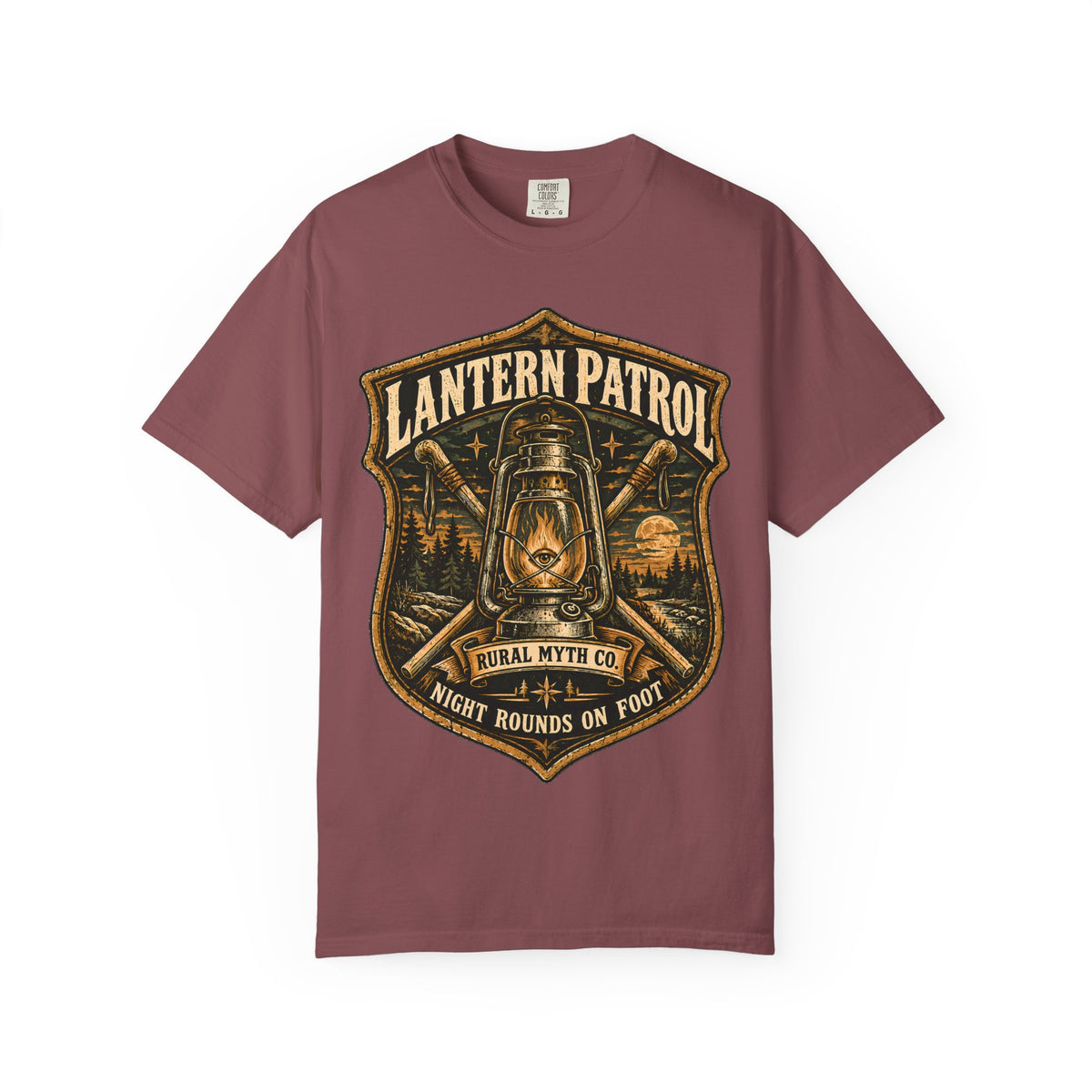 Lantern Patrol Ranger Patch T-Shirt in Brick, front view