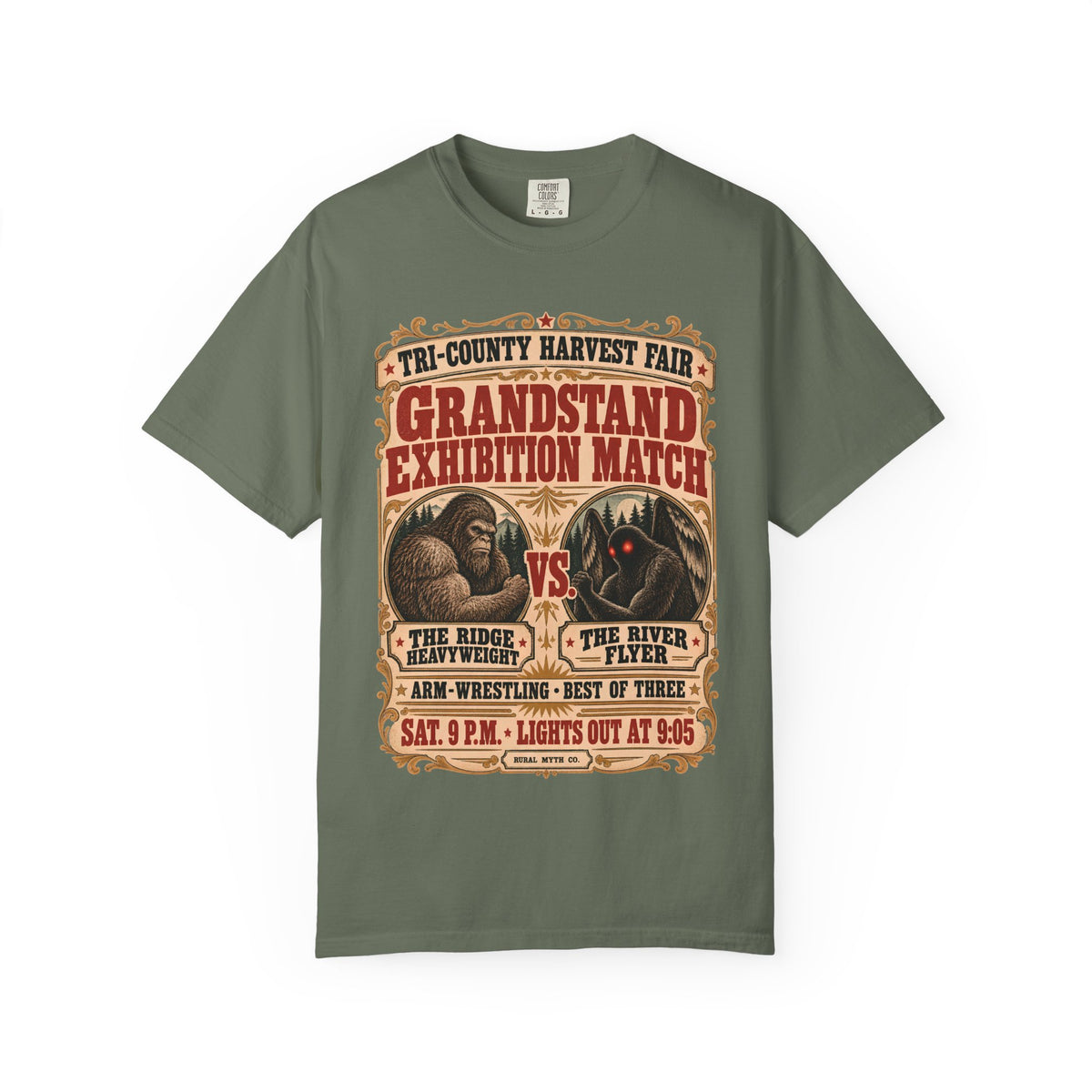 Bigfoot vs Mothman T-Shirt in Moss, front view