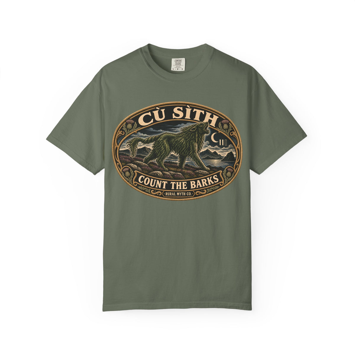 Cu Sith Fairy Hound T-Shirt in Moss, front view