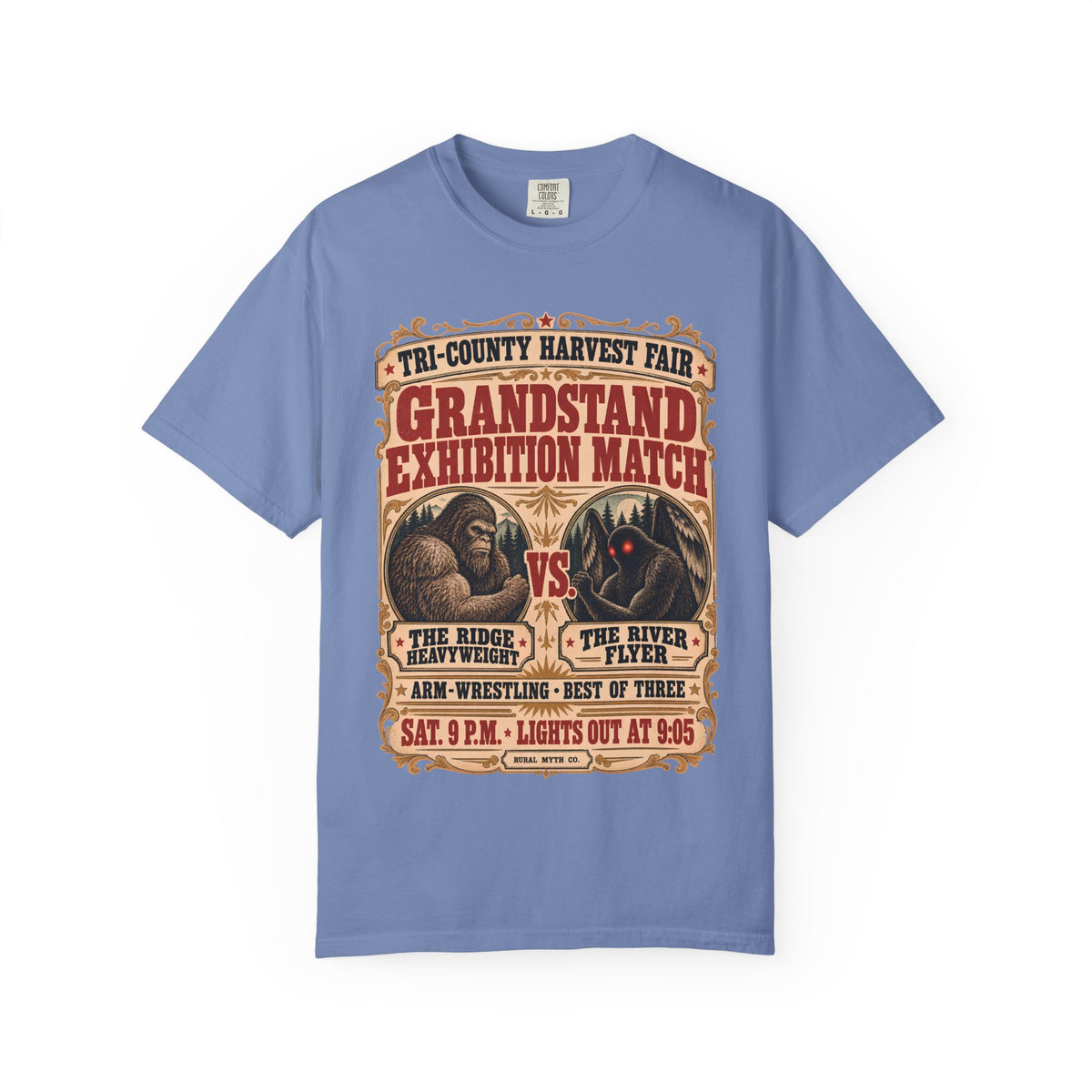 Bigfoot vs Mothman T-Shirt in Washed Denim, front view