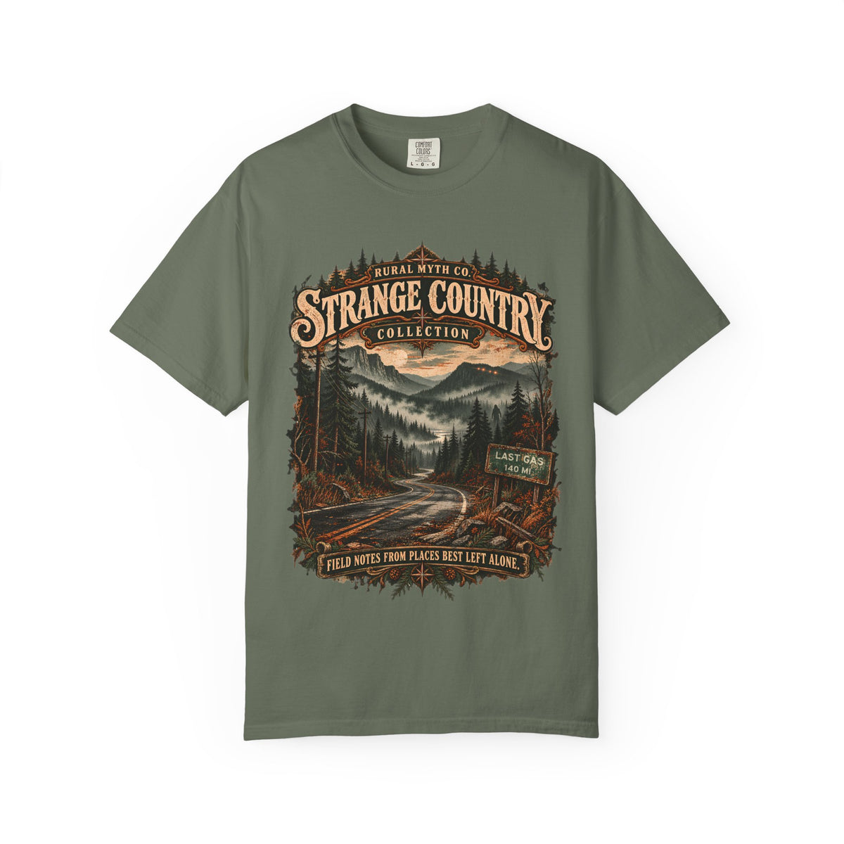 Strange Country Travel Poster T-Shirt in Moss, front view