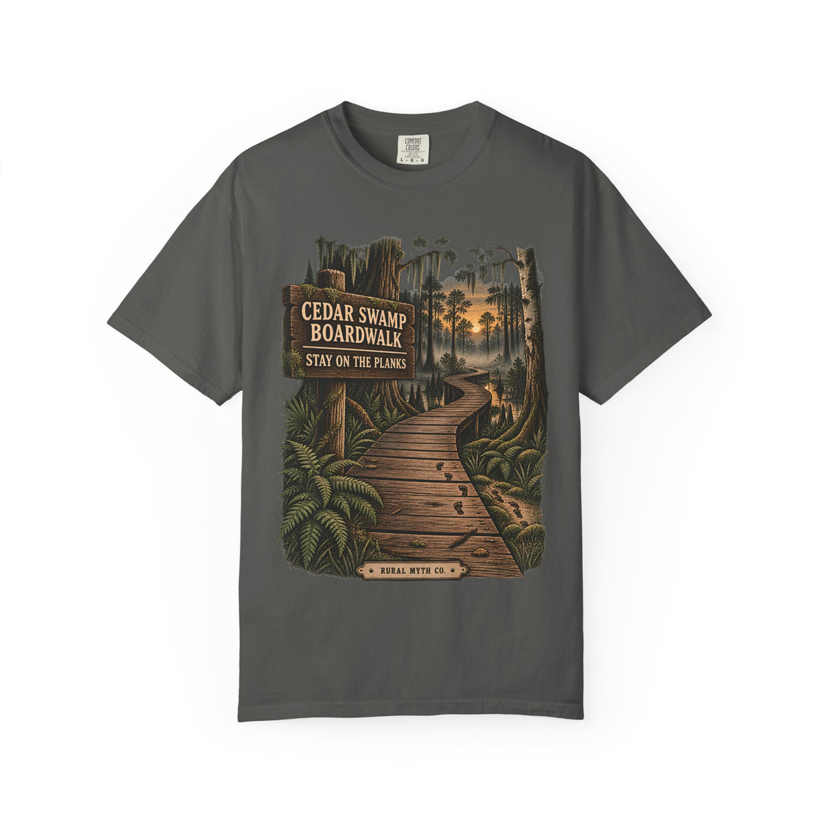 Boardwalk Closes at Dusk T-Shirt in Pepper, front view