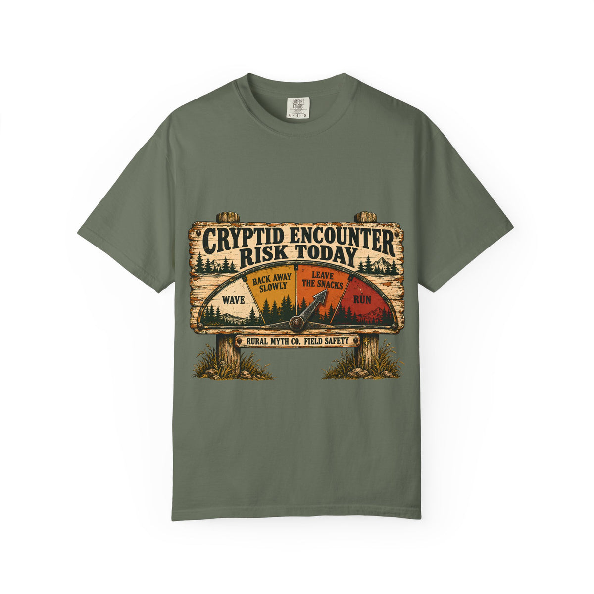 Cryptid Encounter Risk Sign T-Shirt in Moss, front view