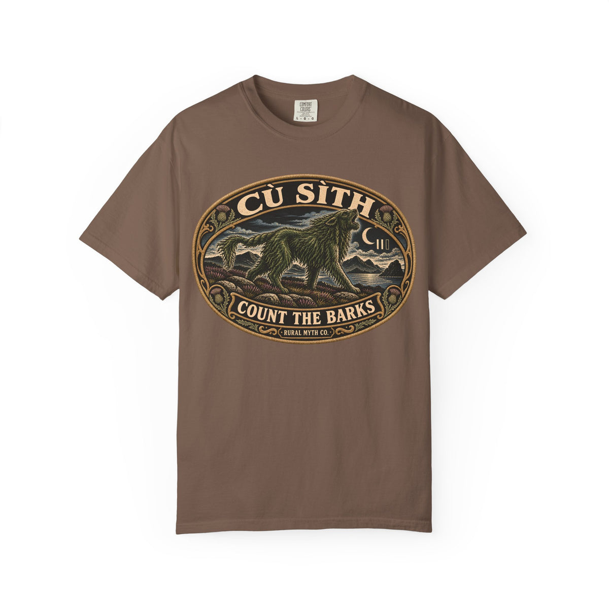 Cu Sith Fairy Hound T-Shirt in Espresso, front view