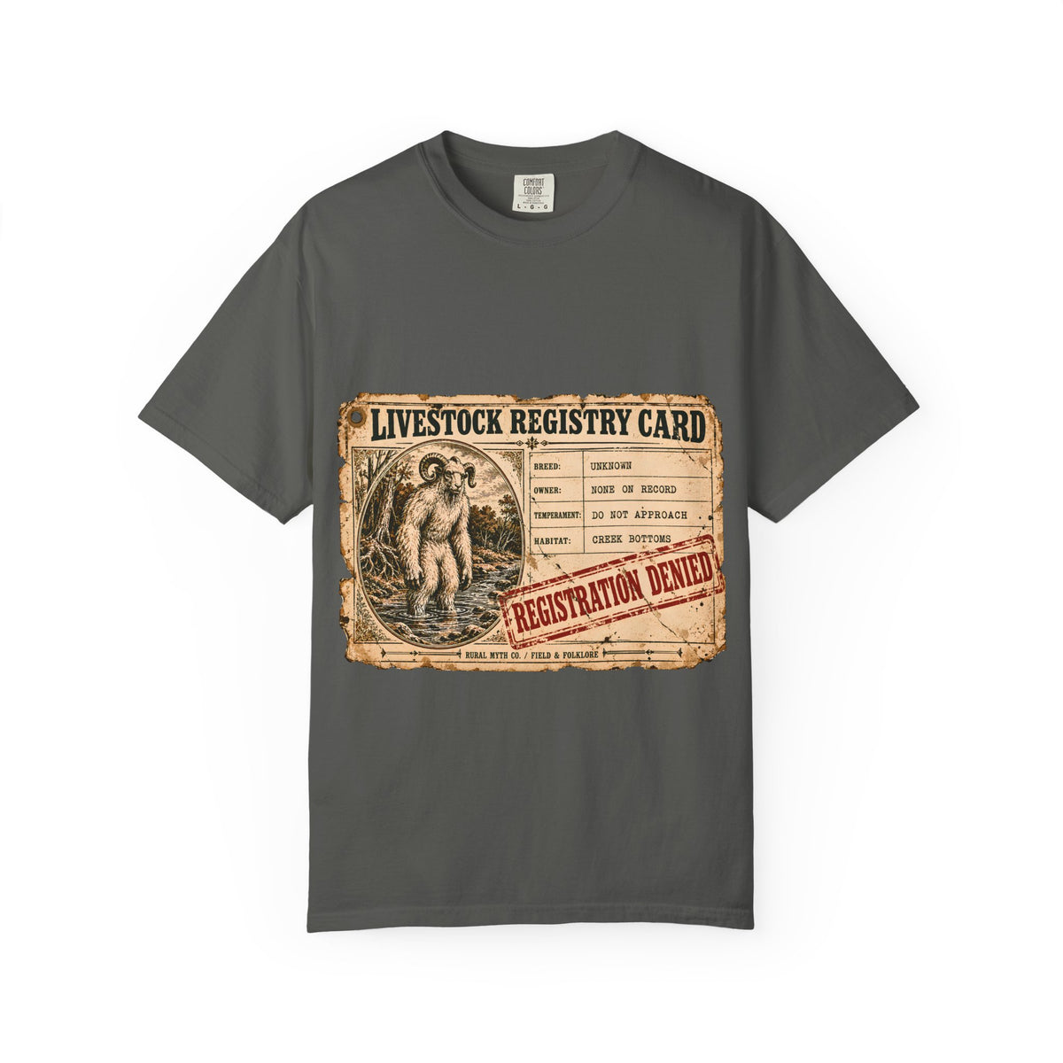 Sheepsquatch Livestock Card T-Shirt in Pepper, front view