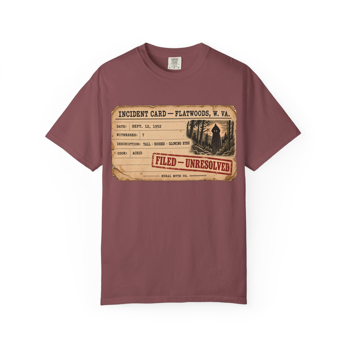 Flatwoods Monster Incident Card T-Shirt in Brick, front view